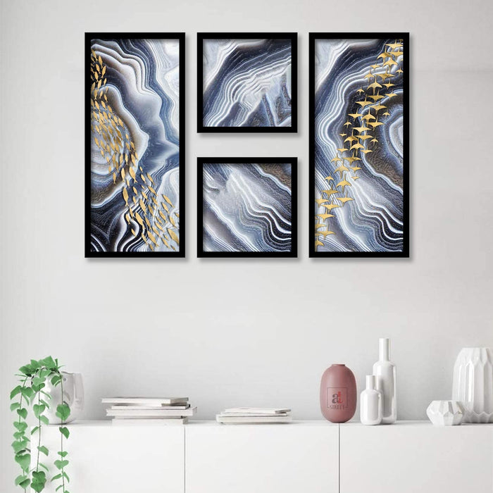 Art Street Set of 4 Black Frame, Art Prints / Abstract Aquatic Birds Framed Painting / Posters for Living Room (Size 22x47, 22x22 CM )
