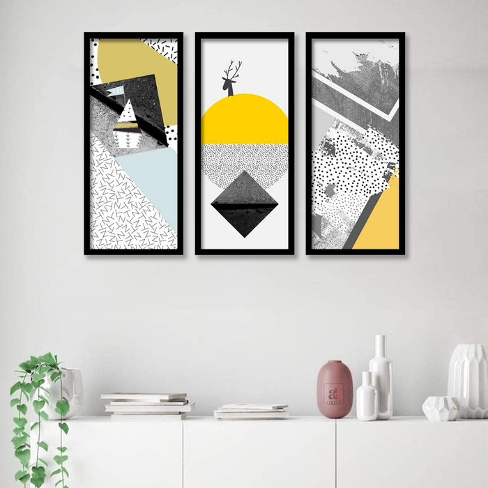 Yellow & White Abstract Framed Painting / Posters for Room Decoration , Set of 3 Black Frame Art Prints / Posters for Living Room