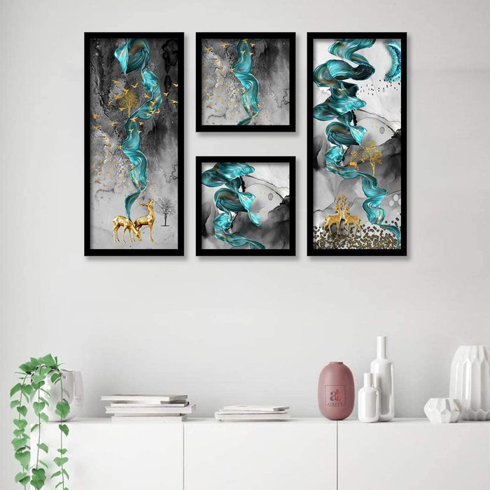 Deer and Birds Artistic Framed Painting / Posters for Room Decoration , Set of 4 Black Frame Art Prints / Posters for Living Room