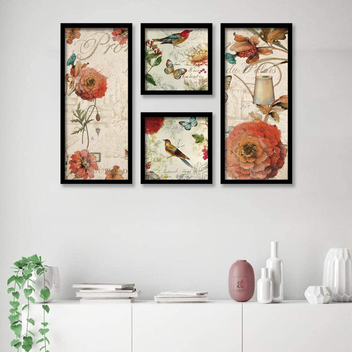 Floral with Beautiful Bird Framed Painting / Posters for Room Decoration , Set of 4 Black Frame Art Prints / Posters for Living Room