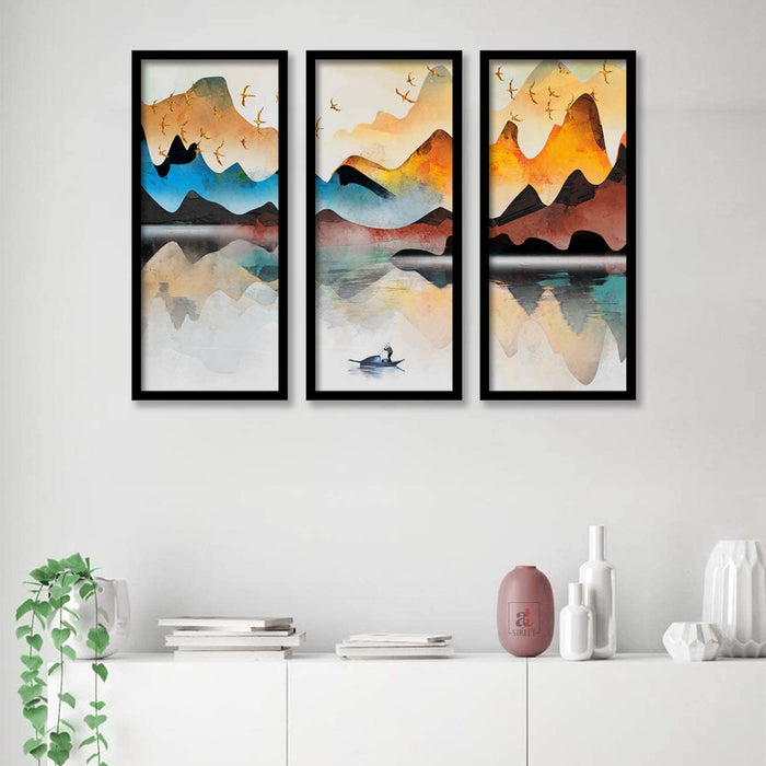 Landscape Nature Artistic Framed Painting / Posters for Room Decoration , Set of 3 Black Frame Art Prints / Posters for Living Room