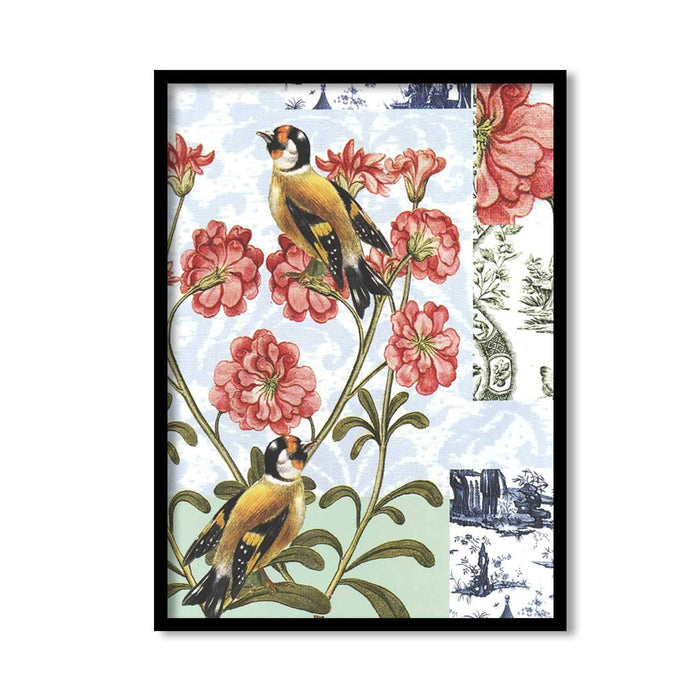 Bird Floral Theme Framed Canvas Art Print, Painting Multicolored.