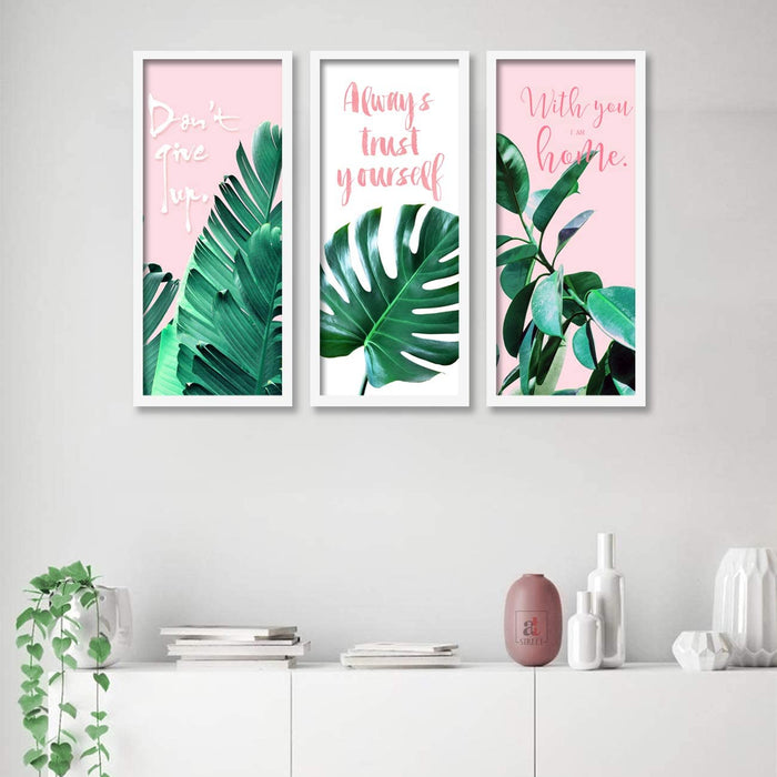 Motivational Floral's leaves Framed Painting / Posters for Room Decoration , Set of 3 White Frame Art Prints / Posters for Living Room