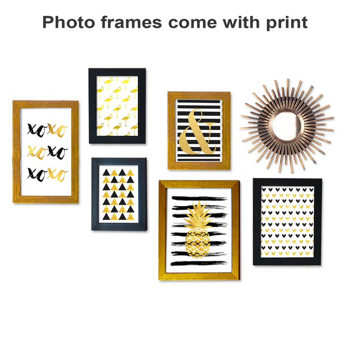 Premium Set Of - 7 Golden & Black Photo Frame With Mirror