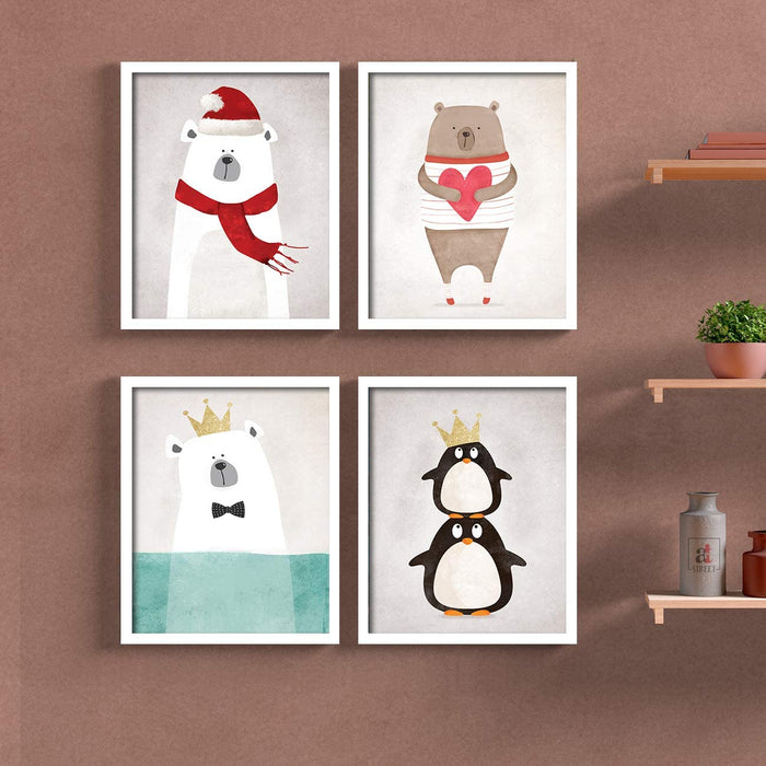 Cartoon Bear Penguin Framed Painting / Posters for Room Decoration , Set of 4 White Frame Art Prints / Posters for Living Room