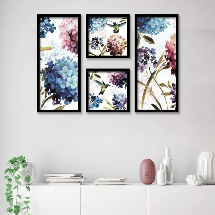 Floral & Bird Framed Painting / Posters for Room Decoration , Set of 4 Black Frame Art Prints / Posters for Living Room