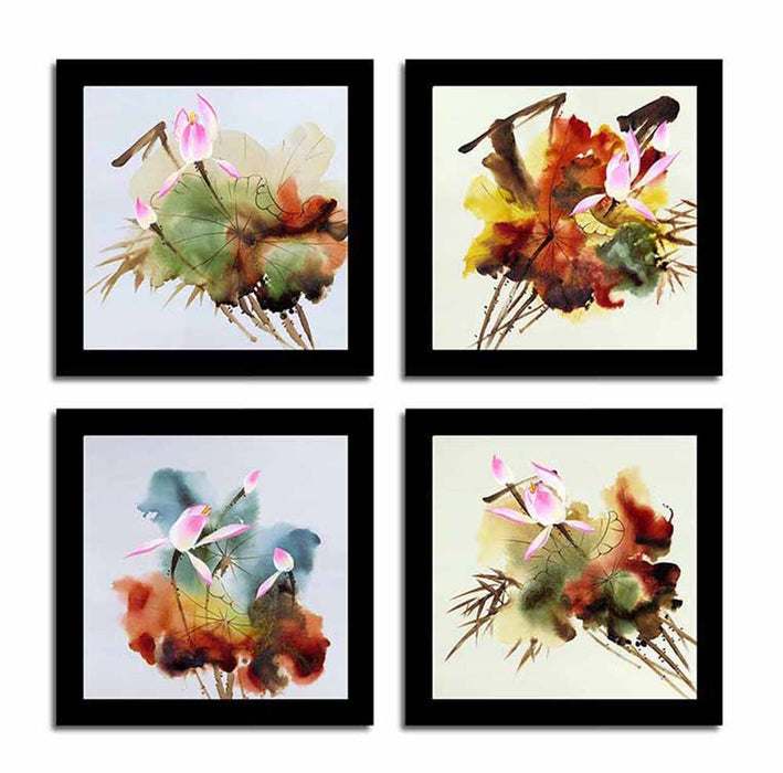 Abstract Floral Set Of 4 Black Framed Art Print Size - 9" x 9" Inch