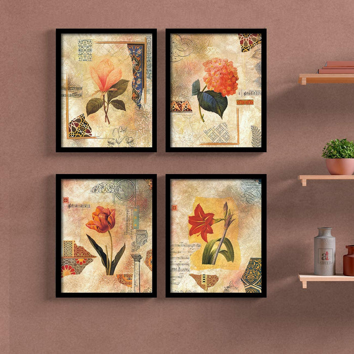 Colorful Flowers Framed Painting / Posters for Room Decoration , Set of 4 Black Frame Art Prints / Posters for Living Room