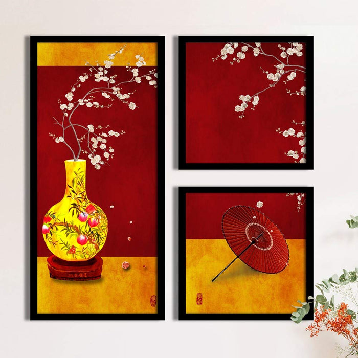 Art Street Abstract Pot Theme In Red & Yellow Background Framed Printed Set Of 3 Wall Art Print( 9.5 X 19.5 Inch)