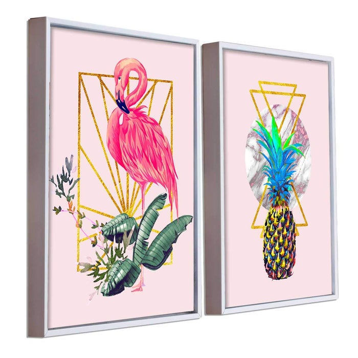 Flamingo & Pineapple Theme Set Of 2 Framed Canvas Art Print, Painting.