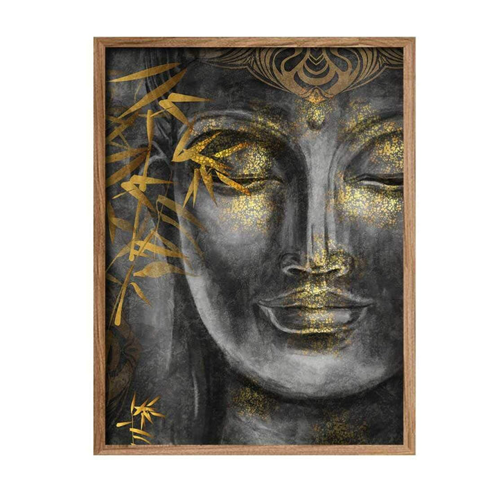 Buddha Face Theme Grey Gold Color 1 Framed Canvas Art Print, For Home & Office Decor