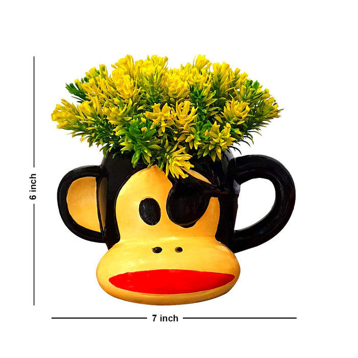 Artificial Flower Plant With Cute Cartoon Monkey Design With Pot, Perfect For Home & Office Decor Size - 6 x 7 Inch