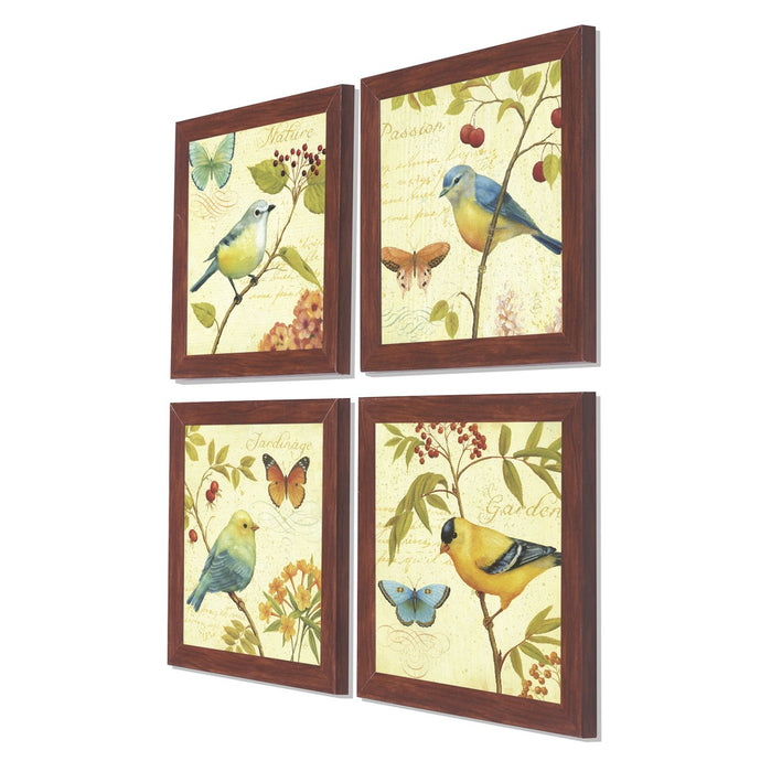 Jardin Bird Framed Art Print Set of 4 Brown Size- 9" x 9" Inch