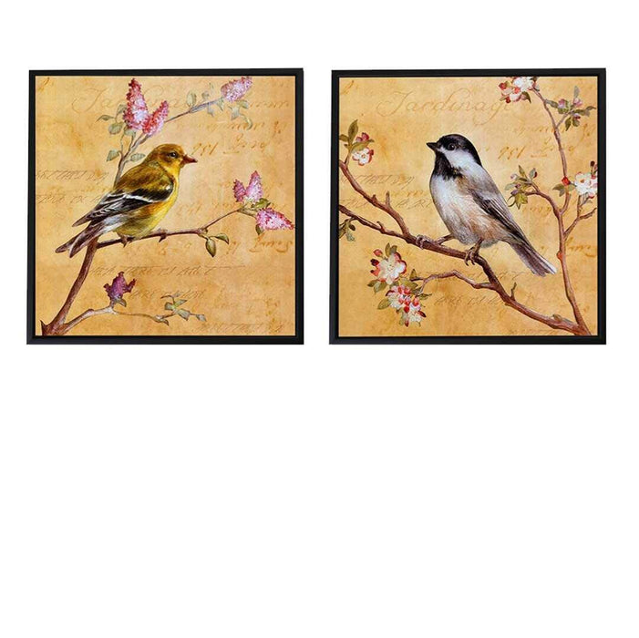 Beautiful Floral Bird Theme Peach Color Framed Canvas Art Print, For Home & Office Decor