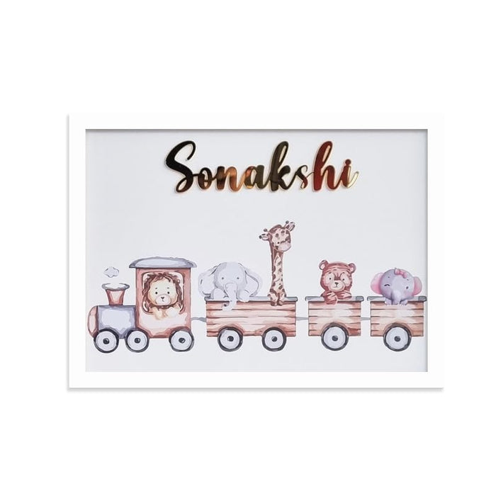 SNAP ART Customised Acrylic name kids wall art,  Train With Baby Animal Kids Art Print (A4, 8.9x12.8 Inch)