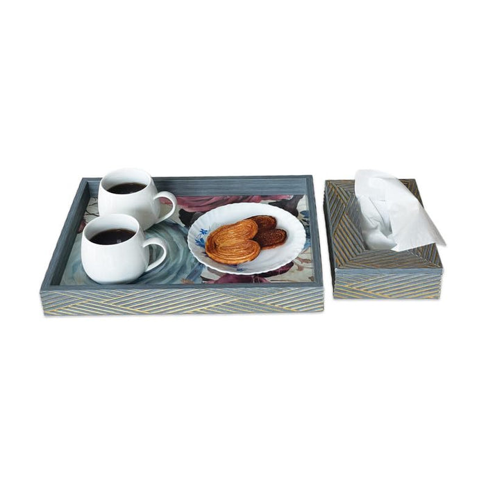 Art Street Wooden Serving Tray & Tissue Box Holder for Serving for Decoration-Tea Trays, Table Decoration, Coffee Table, Food, Ottoman, Restaurant (Gold-Grey, Single Tray: 15x11 & 9x6 Inch)