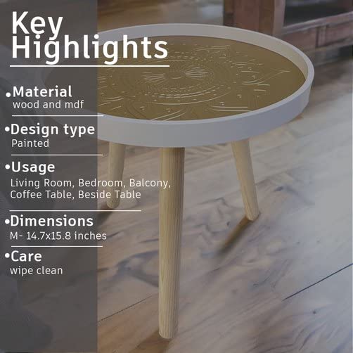 Round Stool Table Portable Wooden Stool, Antique Coffee Table, Table/Stool for Living Room-White Gold (Size: 15.8x14.7 Inch)