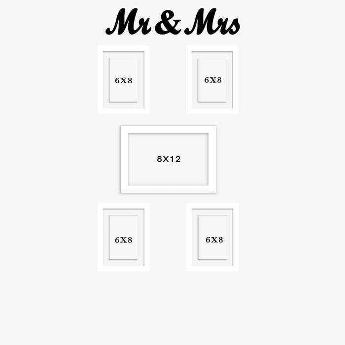 Art Street Set of 5 White Photo Frame With Mr.& Mrs MDF Cutout for Home Décor Living Room Wall Decoration (Size - 6X8, 8X12 Inches)
