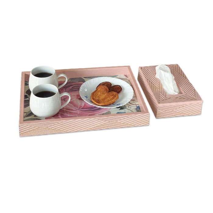 Art Street Wooden Serving Tray & Tissue Box Holder for Serving for Decoration-Tea Trays, Table Decoration, Coffee Table, Food, Ottoman, Restaurant(Gold-Pink, Single Tray: 15x11 & 9x6 Inch)