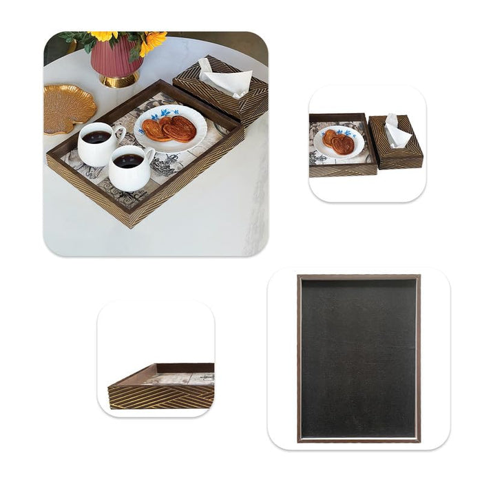 Art Street Wooden Serving Tray & Tissue Box Holder for Serving for Decoration-Tea Trays, Table Decoration, Coffee Table, Food, Ottoman, Restaurant (Brown-Grey, Single Tray: 15x11 & 9x6 Inch)