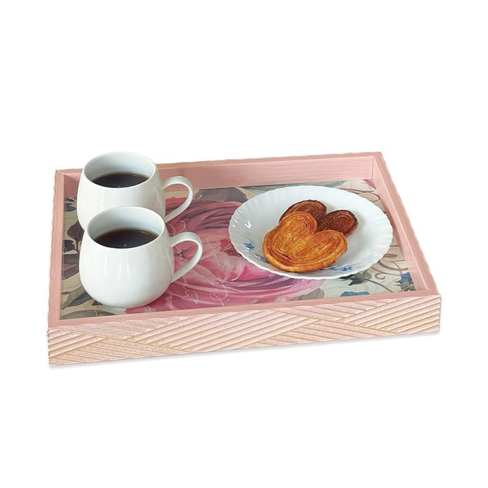 Art Street Wooden Serving Tray for Serving for Decoration-Tea Trays, Table Decoration, Coffee Table, Food, Ottoman, Restaurant (Gold-Pink, Single Tray: 15x11 Inch)