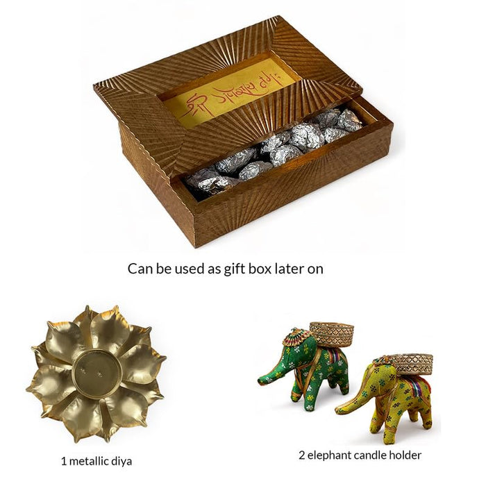 Art Street Diwali Gift Hamper Combo Set, Decorative Gifts Of Love Gift Box, Lotus Design Diya with Two Elephant Candle Holder, Diwali Festive Gifting, Shagun, Jewelry Box (Gold, 9x6x2.3 Inch)