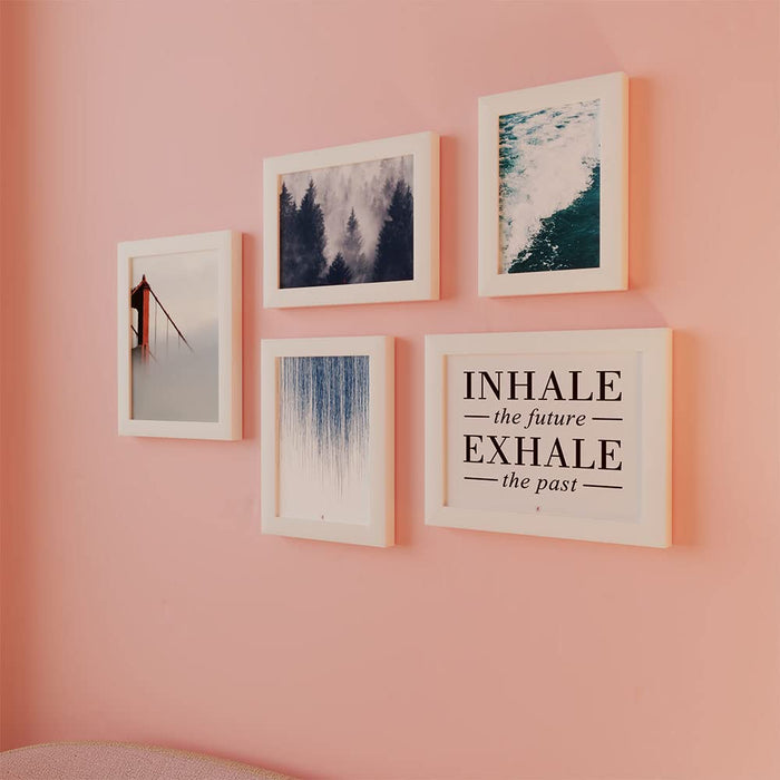 Inhale - Exhale Set of 5 White Art Print, Paintings with Frame for Living Room, Home Décor, Size- 4x6, 5x7, 6x8 Inches