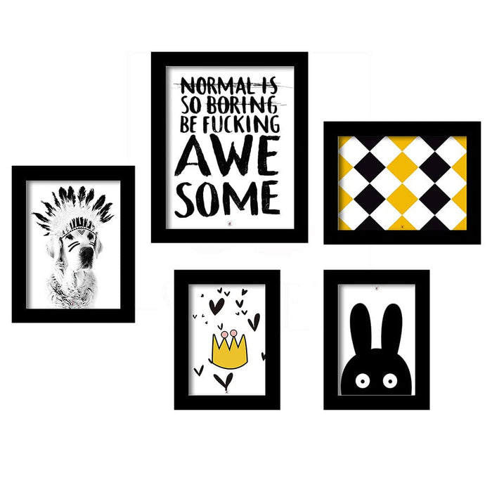 Be Awesome Set of 5 Black Art Print, Paintings with Frame for Living Room, Home Décor, Size- 4x6, 5x7, 6x8 Inches