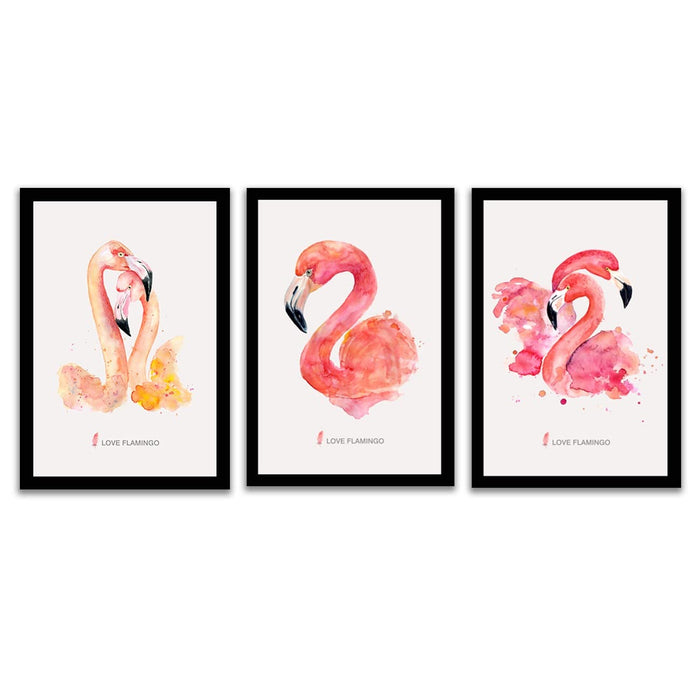 Art Street Abstract Portrait of Pink Flamingo Framed Art Print for Home, Office, gifts (Set of 3, 9.4 x 12.9 Inches)
