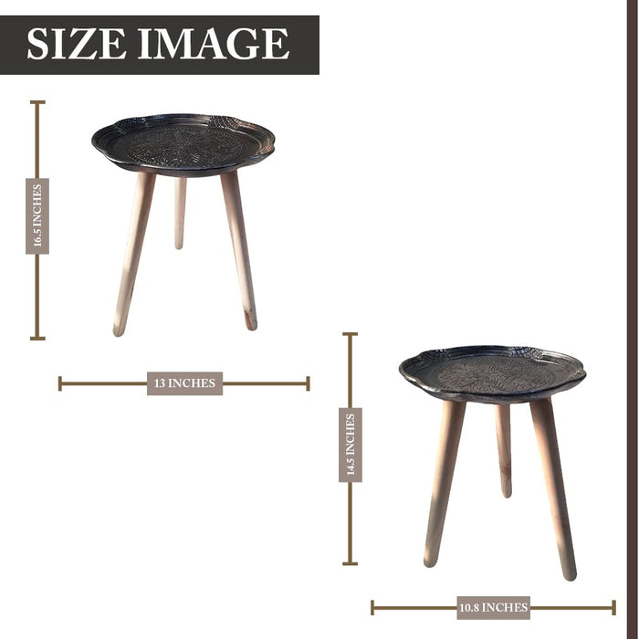 Set of 2 Round Stool Table Portable Wooden Stool, Antique Coffee Table for Living Room Side/Corner Table-Black Brown (Size: 13X16.5 & 10.8X14.5 Inch)