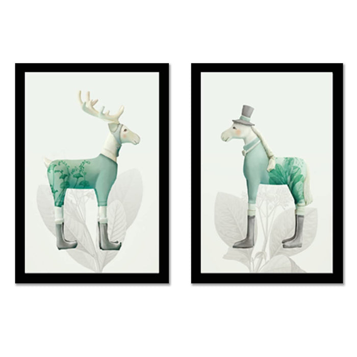 Art Street Animal Horse Deer Minimalist Framed Art Print For Kids Room Home, Office, Wall Hanging Decor & Living Room Decoration I Modern Luxury Decorative gifts (Set of 2, 9.4 x 12.9 Inches)
