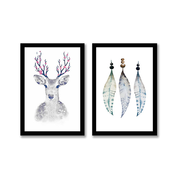 ‎Art Street Nordic Modern Black and White Deer Feathers Framed Art Print for Home, Kids Room, Wall Hanging Decor & Living Room Decoration I Luxury Decorative gifts (Set of 2, 9.4 x 12.9 Inches)