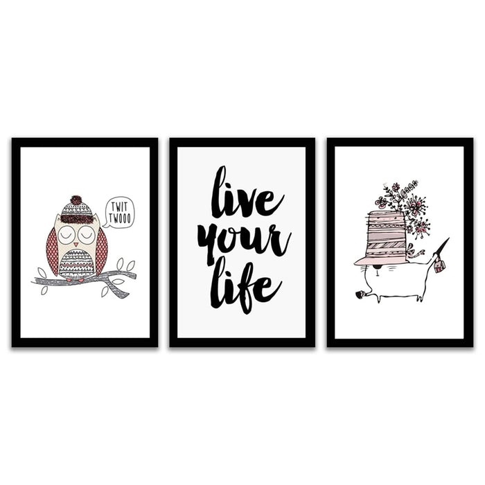 ‎Art Street Live Your Life Owl Framed Art Print For Kids Room Décor Home, Office, Wall Hanging Decor & Living Room Decoration I Modern Luxury Decorative gifts (Set of 3, 9.4 x 12.9 Inches)