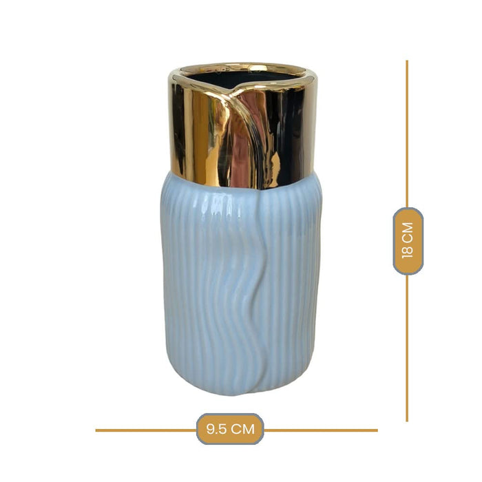 Decorative Ceramic Flower Vase Ribbed Design Golden Head Modern Vases Flower Pot for Home ( Size: 9.5x18 Inch)