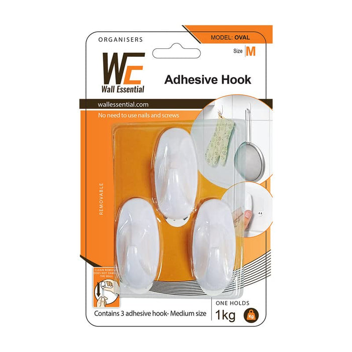 Wall Essential Hanging Adhesive Wall Hooks, Multipurpose Damage-Free Utility Pack of 18 Pcs, Sticky Wall Hooks, One Pcs Holds Strongly Up to 1 kg, (18 Pcs, Model: Oval, Size: Medium) Medium 18
