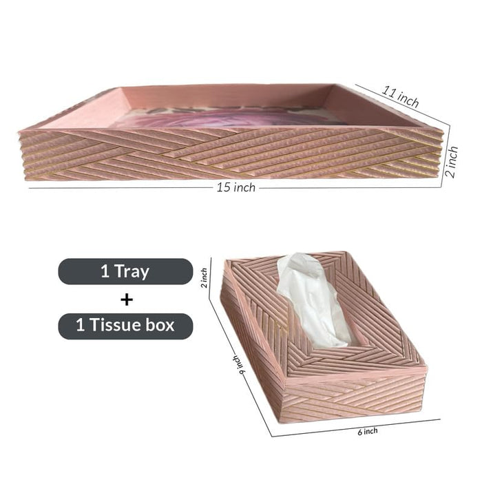 Art Street Wooden Serving Tray & Tissue Box Holder for Serving for Decoration-Tea Trays, Table Decoration, Coffee Table, Food, Ottoman, Restaurant(Gold-Pink, Single Tray: 15x11 & 9x6 Inch)