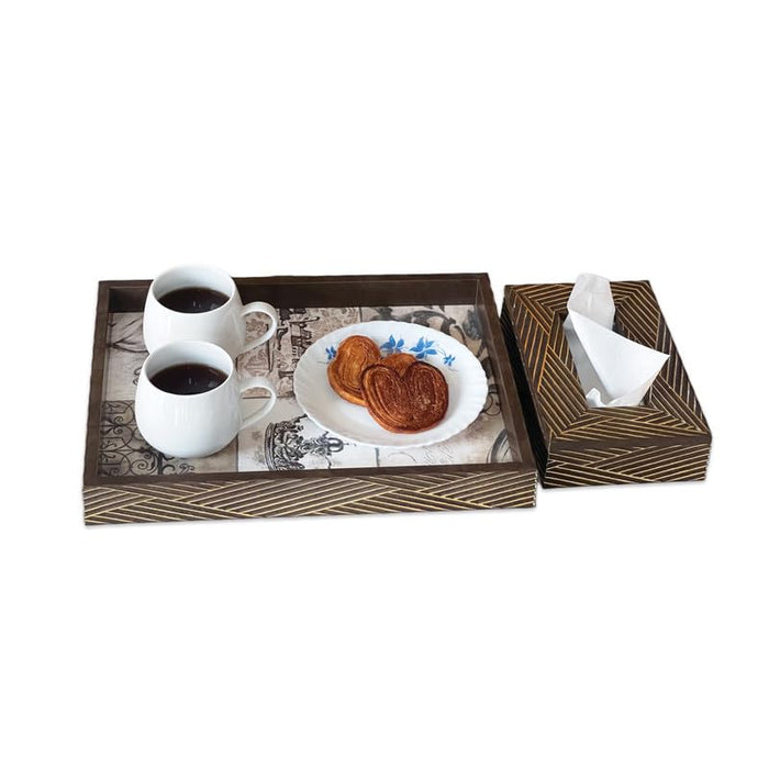 Art Street Wooden Serving Tray & Tissue Box Holder for Serving for Decoration-Tea Trays, Table Decoration, Coffee Table, Food, Ottoman, Restaurant (Brown-Grey, Single Tray: 15x11 & 9x6 Inch)