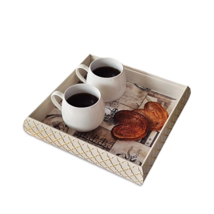 Art Street Wooden Serving Tray for Serving for Decoration-Tea Trays, Table Decoration, Coffee Table, Food, Ottoman, Restaurant (White-Gold, Single Tray: 11x11 Inch)