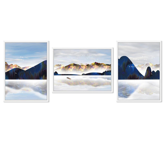 Art Street Set of 3 White & Blue Landscape Theme Framed Canvas Art Print for Living Room Wall & Home Décor (Frame Size - 17 x 13 Inch )