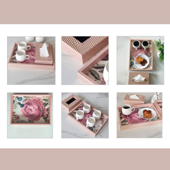 Art Street Wooden Serving Tray & Tissue Box Holder for Serving for Decoration-Tea Trays, Table Decoration, Coffee Table, Food, Ottoman, Restaurant(Gold-Pink, Single Tray: 15x11 & 9x6 Inch)