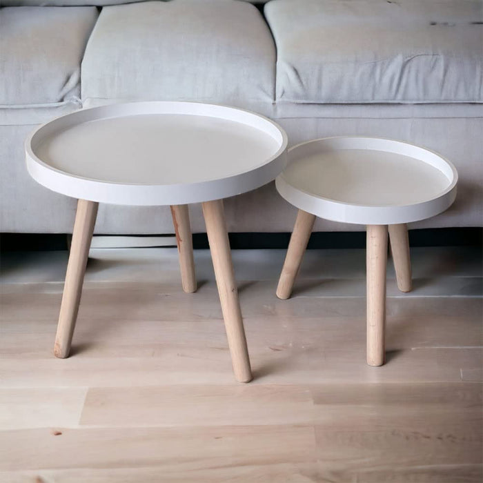 Set of 2 Round Stool Table Portable Wooden Stool, Antique Coffee Table for Living Room Side/Corner Table-White (Size: 15.7x12.9 & 11.8X9.8 Inch)