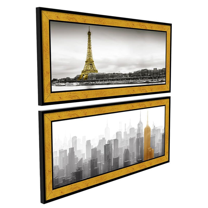Art Street Art Paintings Eiffel Tower Paris Scene Horizontal Scandinavian Poster Print For Living Room, Decorative Home & Wall Decor - Set Of 2 (Golden, 8x18 Inch)
