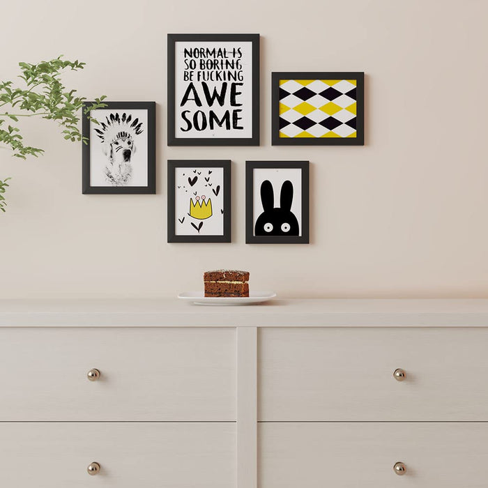 Be Awesome Set of 5 Black Art Print, Paintings with Frame for Living Room, Home Décor, Size- 4x6, 5x7, 6x8 Inches