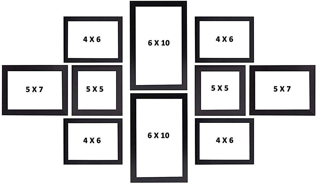 10 Individual Black Wall Photo Frames Wall Decor Set (Sizes 4" x 6", 5" x 5", 5" x 7", 6" x 10" )