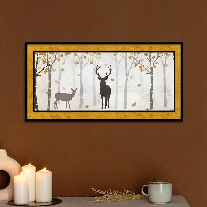 Art Street Auspicious Dear in the Wood Poster Framed Art Print For Living Room (Golden, 8x18 Inch)