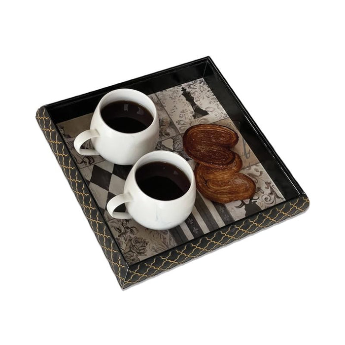 Art Street Wooden Serving Tray for Serving for Decoration-Tea Trays, Table Decoration, Coffee Table, Food, Ottoman, Restaurant (Black-Gold, Single Tray: 11x11 Inch)