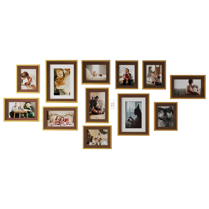 Art Street Set of 12 Savor Premium 3D Wooden Collage Photo Frame for Home Decoration (Brown-Gold, 8x12, 6x10, 5x7, 8x10 Inches)