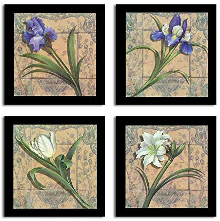 Floral Printed Set of 4 Black Framed Paper Art Prints