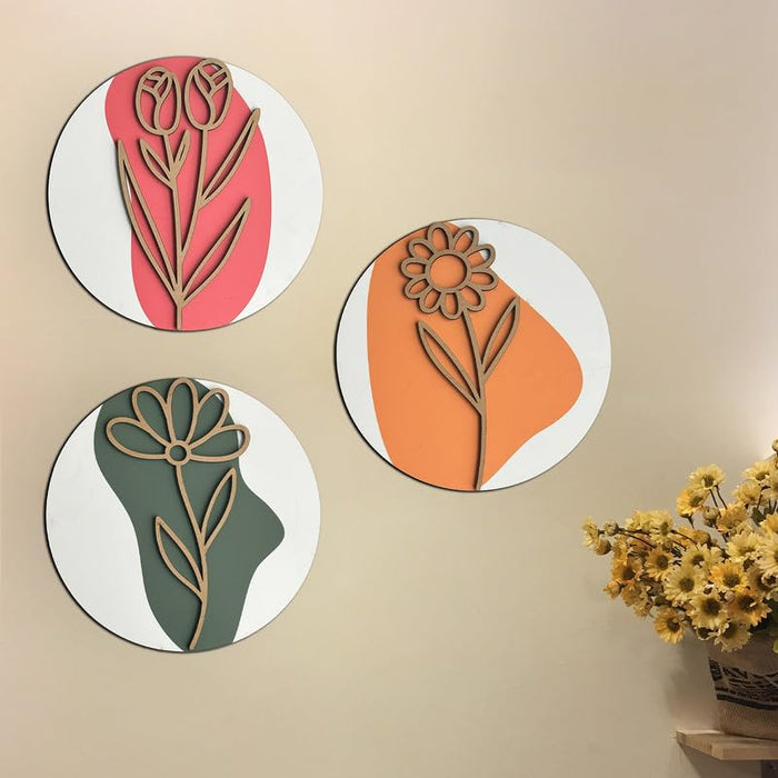 Art Street MDF Plates, With Tulip Flower, Retro Flower and Flower Pattern, Wall decoration Set of 3 for Home and Office Wall (Set of 3, 10 x 10 Inch)