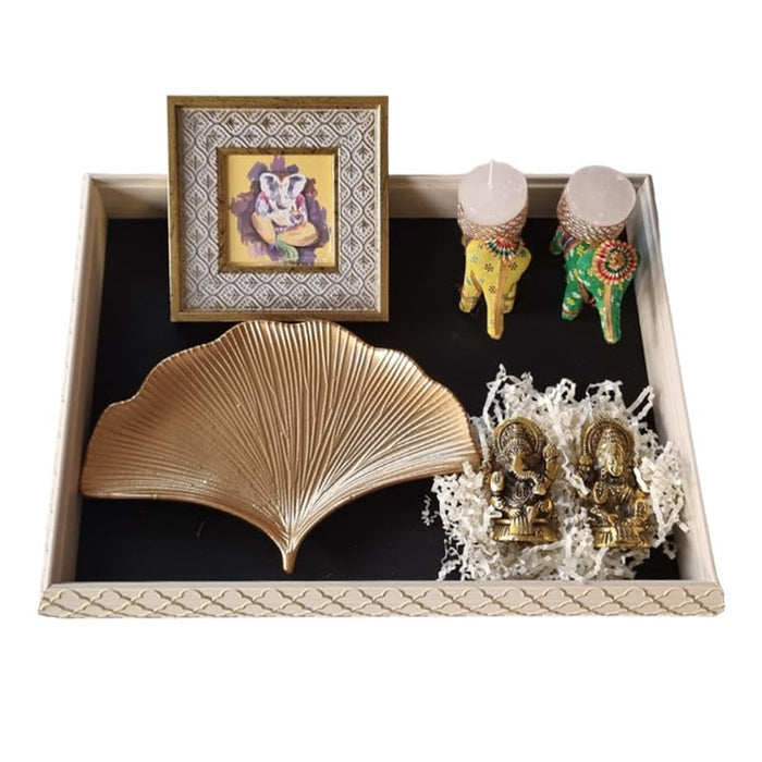 Art Street Diwali Gift Hamper Combo Set, Handmade Decorative & Serving Tray, Table Photo Frame, Traditional Laxmi & Ganesh Statue with Elephant Diya Holder for Pooja Decor (White,15x11 Inch Tray)